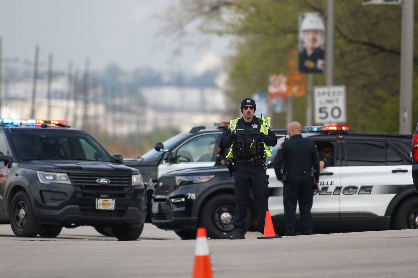 Romeoville police roadblock at 135th and New street after Seneca oil refinery explosion.  April 25, 2023.