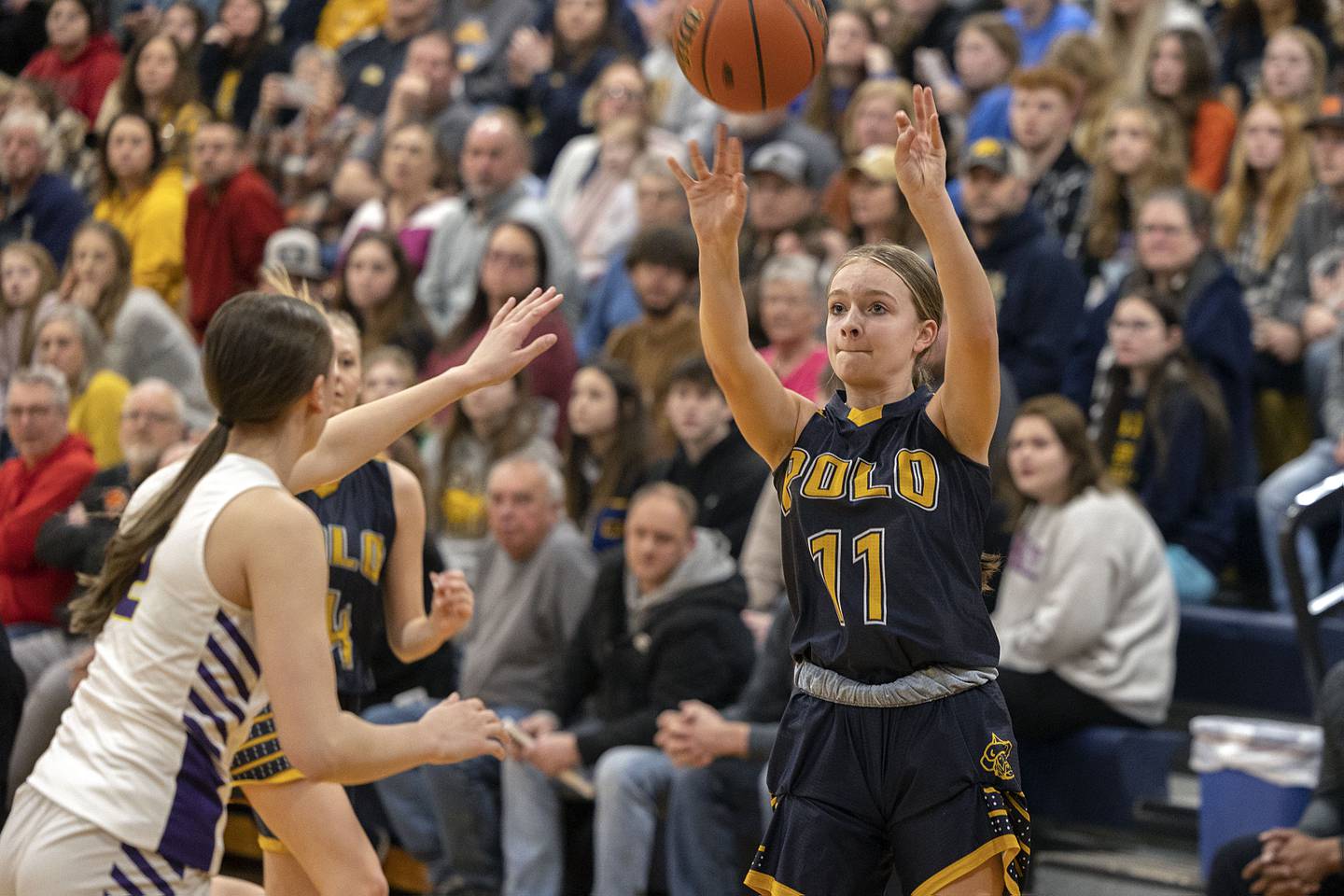 Polo’s Courtney Grobe puts up a shot Tuesday, Feb. 21, 2023 in the sectional semifinal against Orangeville.