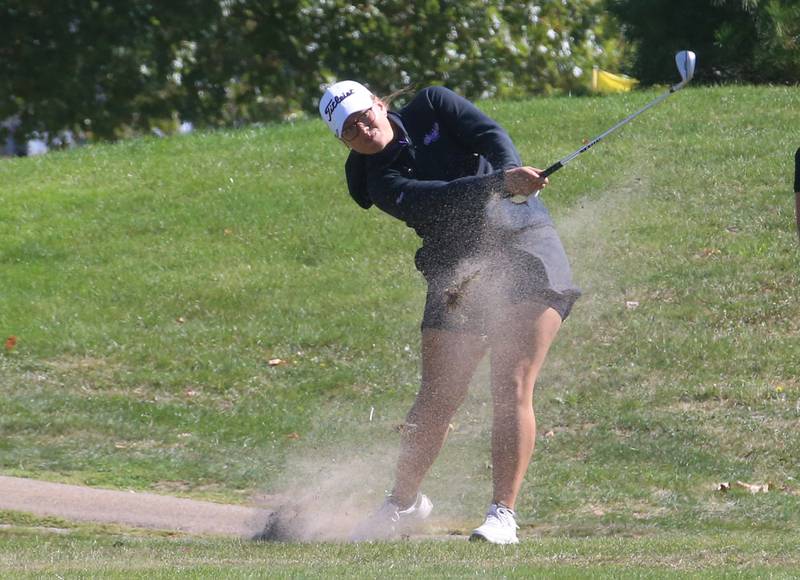 Joliet Central's Nina Mayfield tees off on the 14th hole during the Class 2A Regional girls golf meet on Tuesday, Oct. 1, 2024 at Senica's Oak Ridge  Golf Club in La Salle.