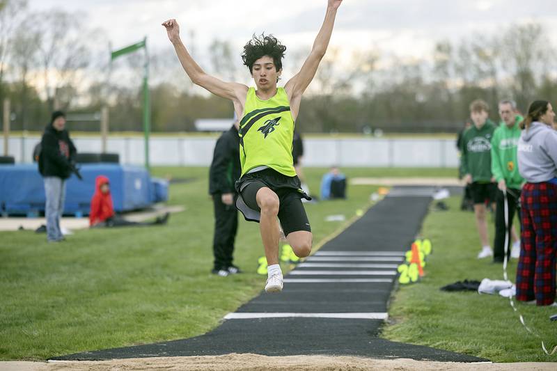 Rock Falls’ Cristian Hernandez competes in the triple jump Friday, April 21, 2023 at the Rock Falls Rocket Invitational.