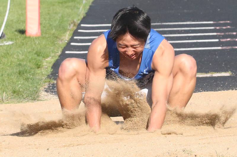 Princeton's Andrew Peacock does the triple jump during the Ferris Invitational on Monday, April 15, 2024 at Princeton High School.