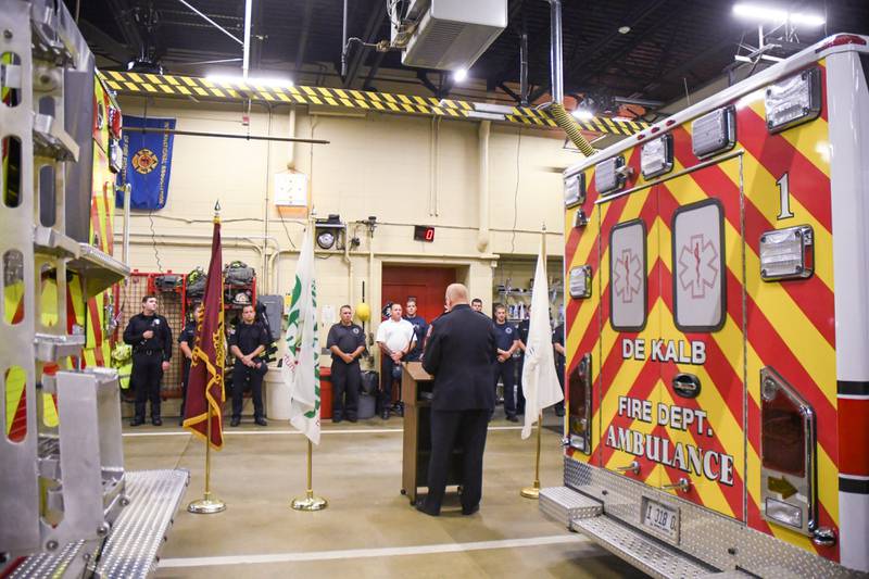 DeKalb’s fire chief Mike Thomas talks during a 9-11 remembrance ceremony held on Sunday Sep. 11th at station one in DeKalb.