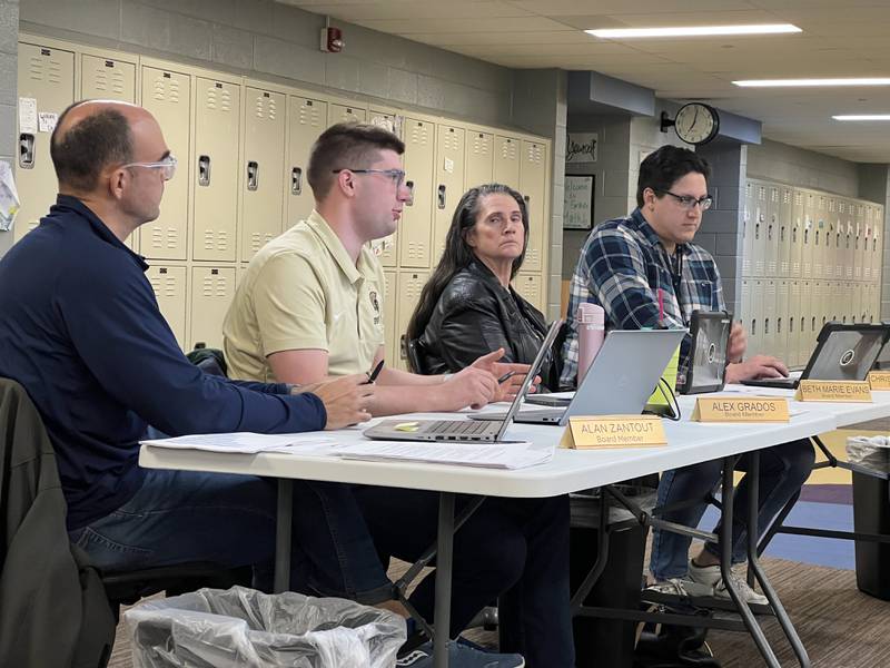 Sycamore School Board members Alan Zantout, Alex Grados, Christian Copple and three others Copple voted in favor of passing a $45 million property tax levy on Nov. 26, 2024 while Beth Marie Evans, in the leather jacket, voted against the levy request.