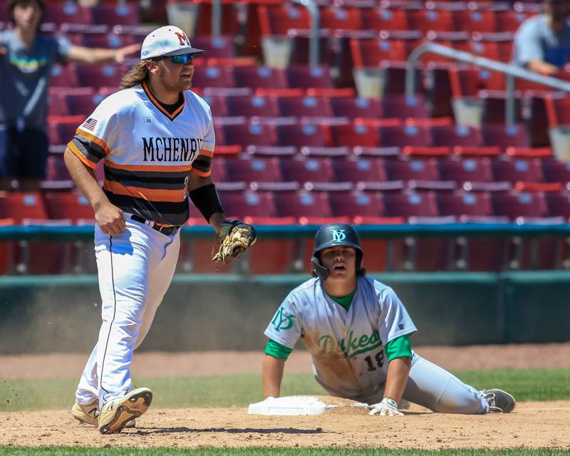 McHenry's Cole Kersten (23) reacts after the ump calls York's Mark Schnieder (18) out at third during the Class 4A Supersectional game between York at McHenry.  June 7, 2022.