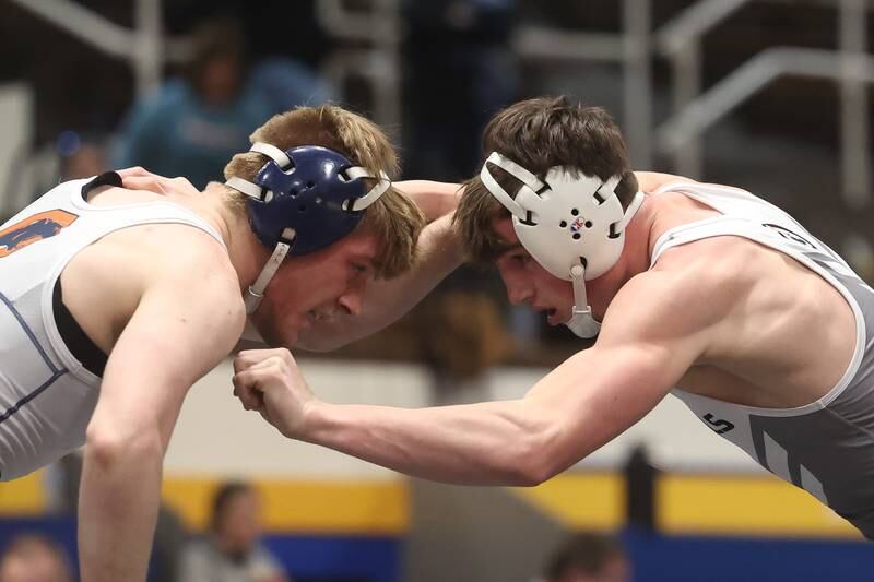 Oswego’s Joseph Griffin (left) faces off with Plainfield East’s Jerry Nino in the Southwest Prairie Conference 165 pound Championship at Joliet Central on Saturday, Jan. 20th, 2024.