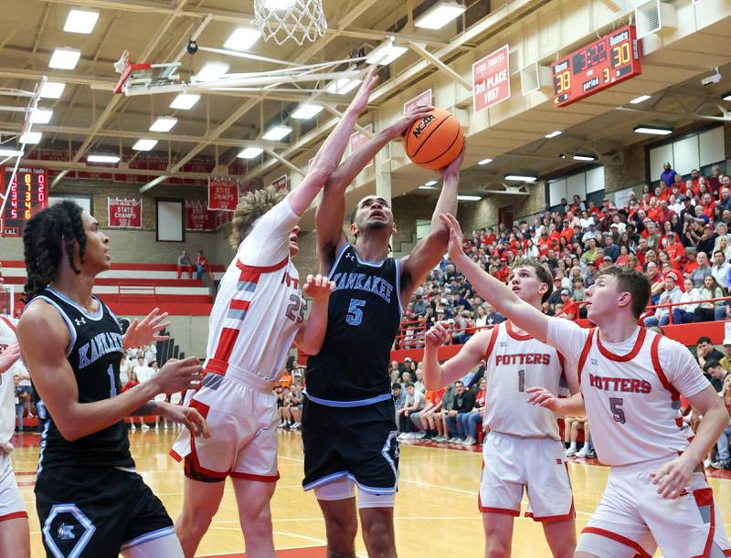 Kankakee's EJ Hazelett looks to shoot under pressure during the Kays' 61-48 loss to Morton in the IHSA Class 3A Ottawa Sectional championship on Friday, March 6, 2026.