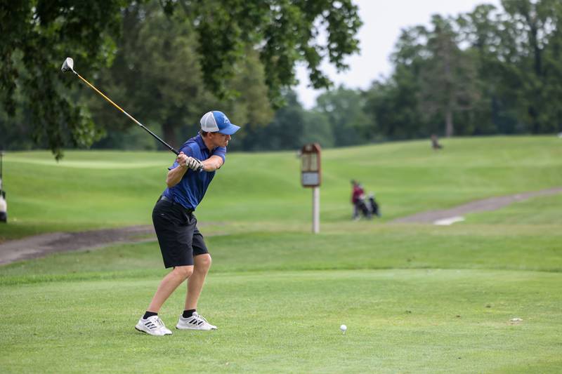 Peotone's Andrew Barta tees off during the Bill Breeden All-Area Classic at the Kankakee Elks on Monday, Aug. 18, 2025.