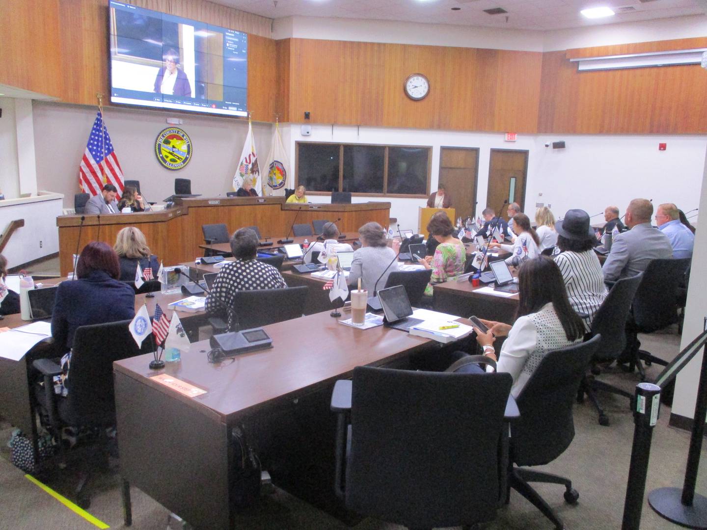 The Will County Board seen listening to County Executive Jennifer Bertino-Tarrant's State of the County address on Thursday, Aug. 21, 2025.