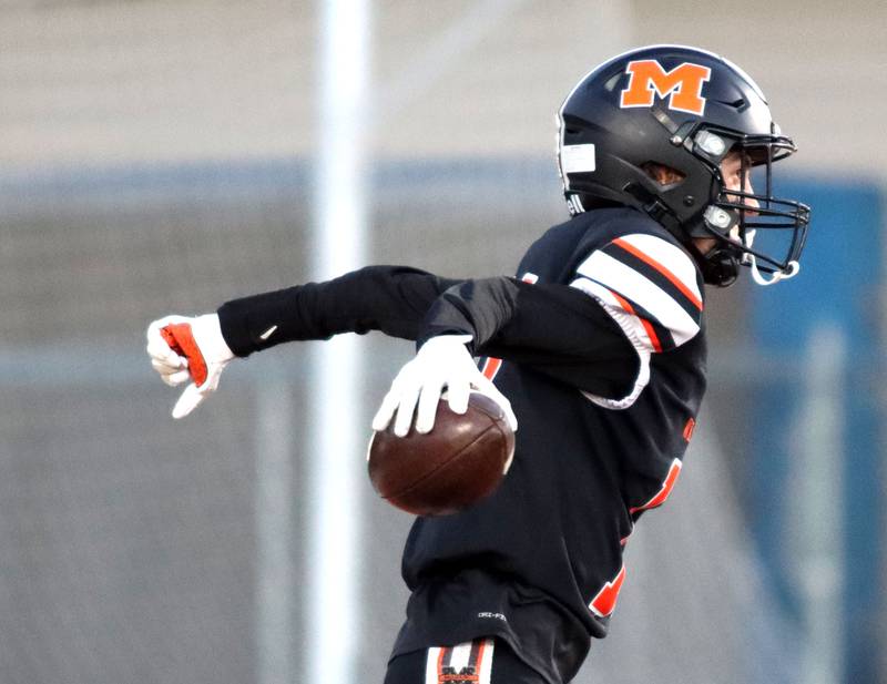 McHenry’s Haydn Schmidt soars through the end zone on an early touchdown against Crystal Lake South in varsity boys football at McCracken Field on the campus of McHenry High School in McHenry on Friday, Sept. 5, 2025.