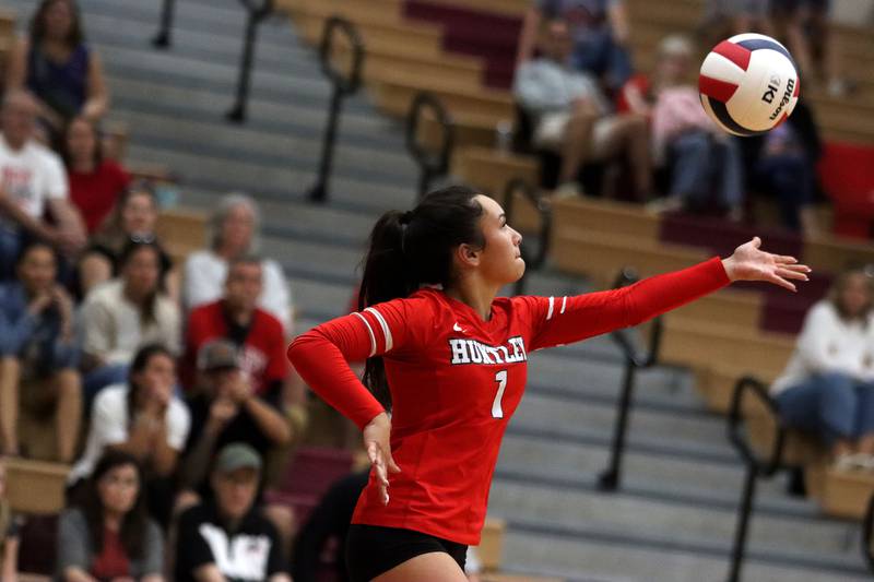 Huntley’s Sophia Tocmo serves against Prairie Ridge in varsity girls volleyball at Huntley High School in Huntley on Thursday, Sept. 11, 2025.
