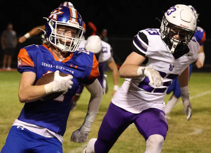 Genoa-Kingston's Blake Ides is pursued by Dixon’s Jake Whelan during their game Friday, Sept. 20, 2024, at Genoa-Kingston High School.