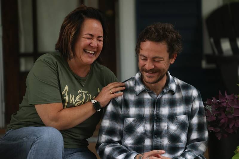 Jamie O’Connor sits with her son Austin on Friday, Sept. 23, 2022, in Joliet. In March Austin found out he needed a new kidney so his mother volunteered to give hers.