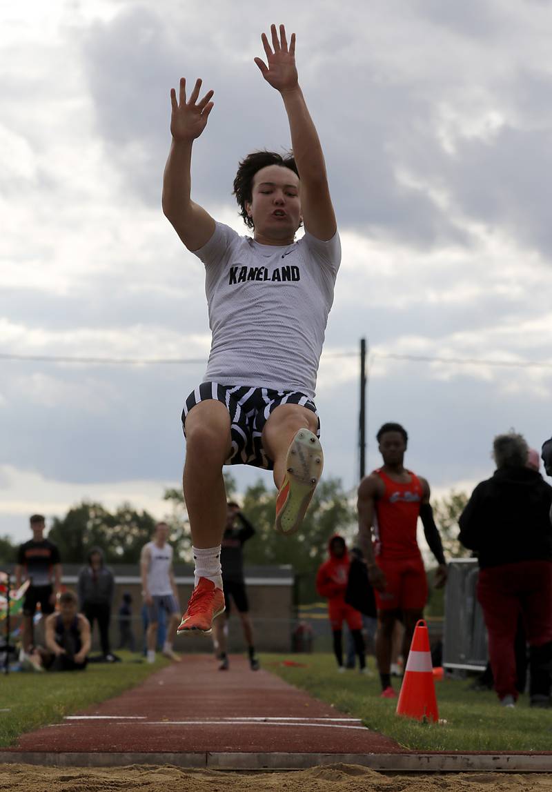 Kaneland’s Dylan Sanagustin competes in the long jump during the Huntley IHSA Class 3A Boys Sectional Track and Field Meet on Thursday, May 22, 2025, at Huntley High School.