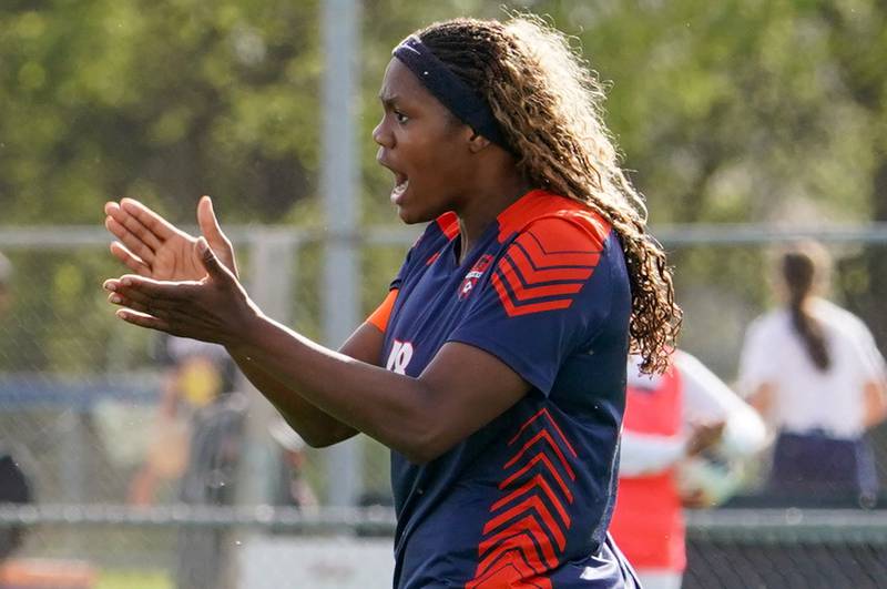 Oswego’s Jordyn Washington reacts after scoring a goal against Oswego East during a soccer match at Oswego High School on Tuesday, April 29, 2025.