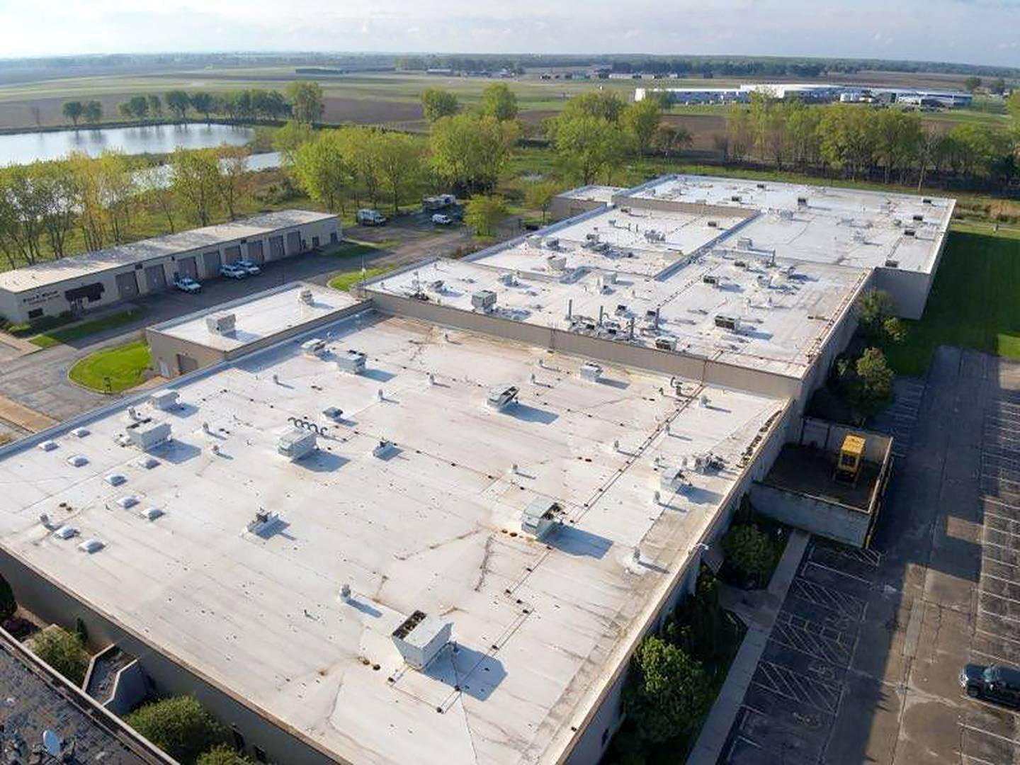Damage to the roof at Kankakee County Sheriff's Office is seen May 1, 2026, following the March 10 tornado that passed just north of the complex.