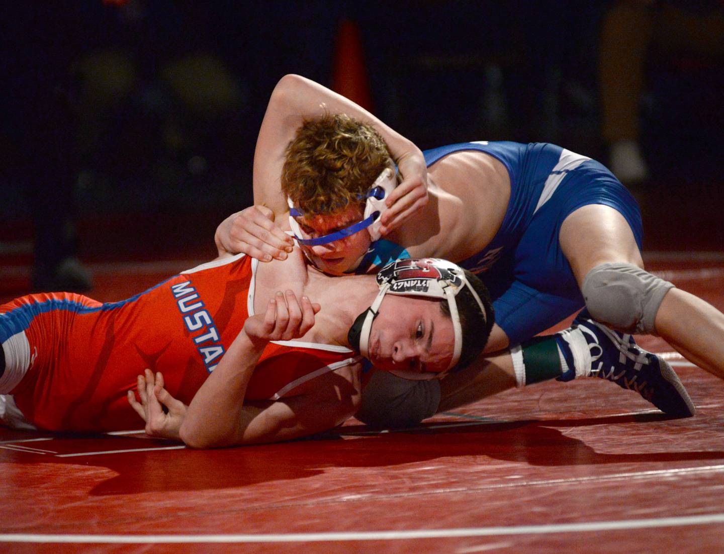 Morrison’s Cael Wright wrestles Sterling Newman’s Landon Near at 106 pounds in the finals at the 1A Oregon Regional on Saturday, Feb. 15, 2025.