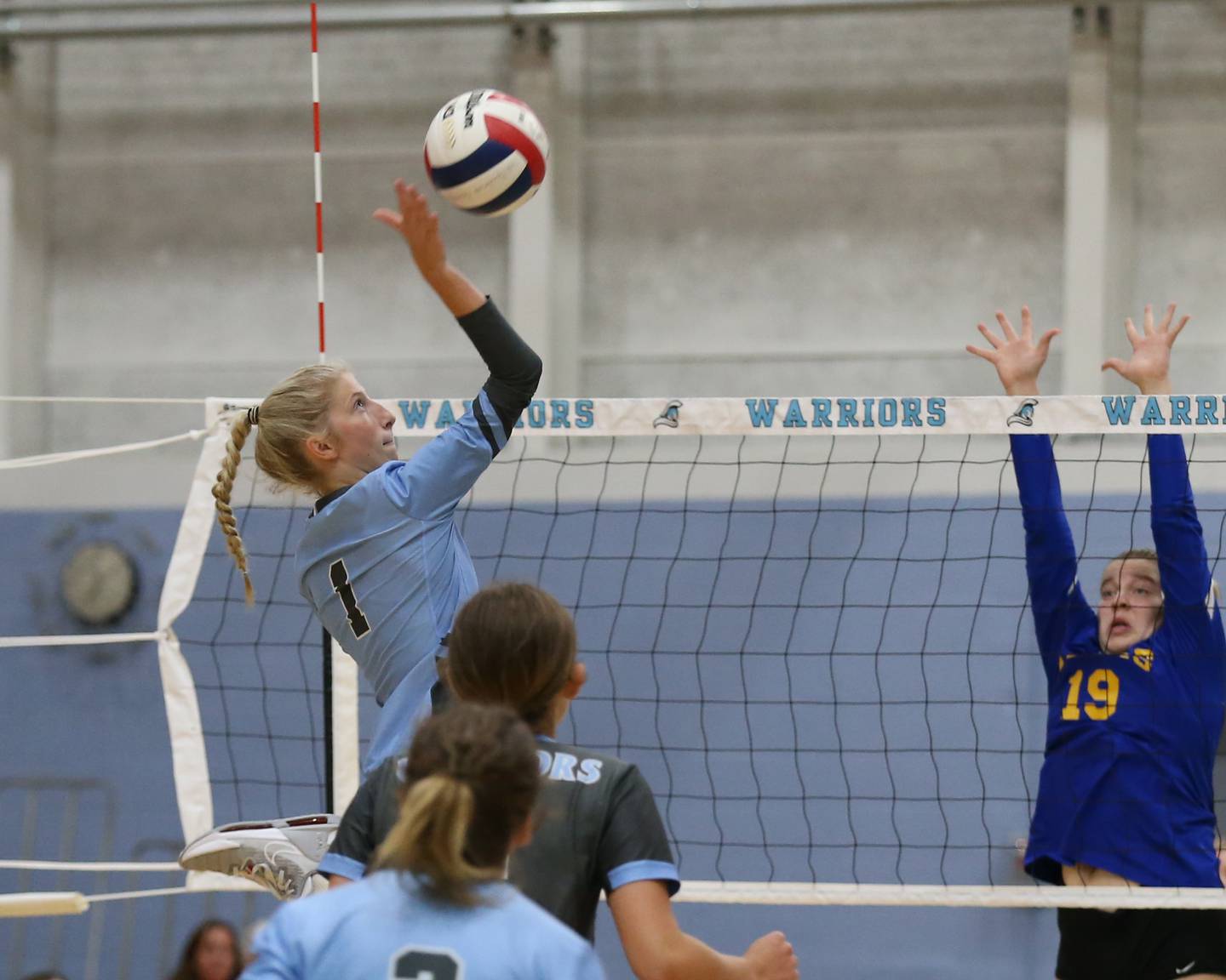 Willowbrook's Natalie Cipriano (1) with a spike attempt during a college volleyball game between Lyons at Willowbrook.  August 31, 2022.