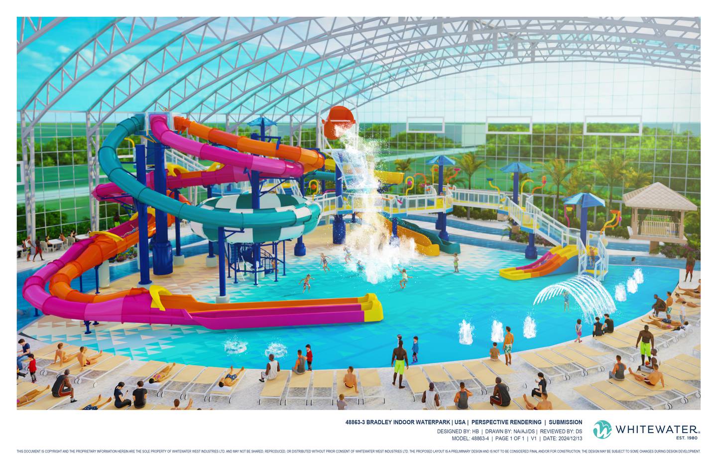 A rendering shows equipment for Bradley's indoor waterpark.