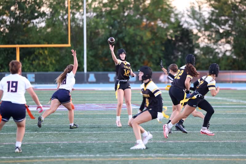 Joliet West's Maya Zanzola throws the ball during the Tigers' 13-7 loss to Oswego on Tuesday, Oct. 7, 2025.
