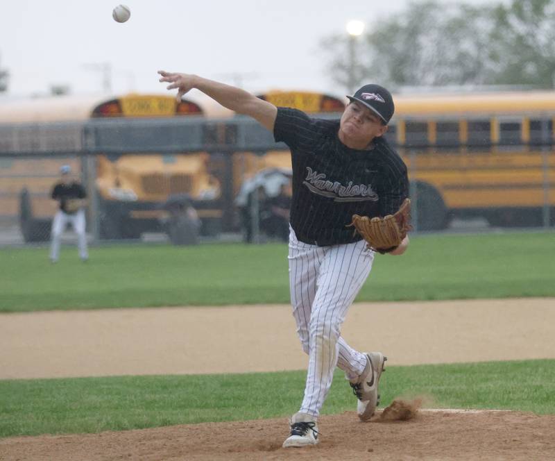 Woodland's Noah Lopez lets go of a throw to Henry-Senachwine on Tuesday, May 12, 2026 at Woodland High School.