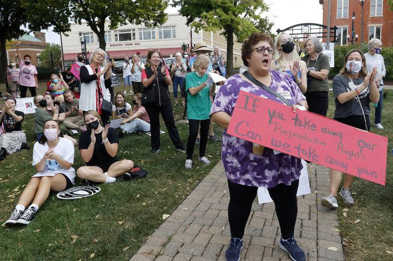 Attendees pack the historic Woodstock Square for a rally for abortion rights on Saturday, Oct. 2, 2021, in Woodstock.