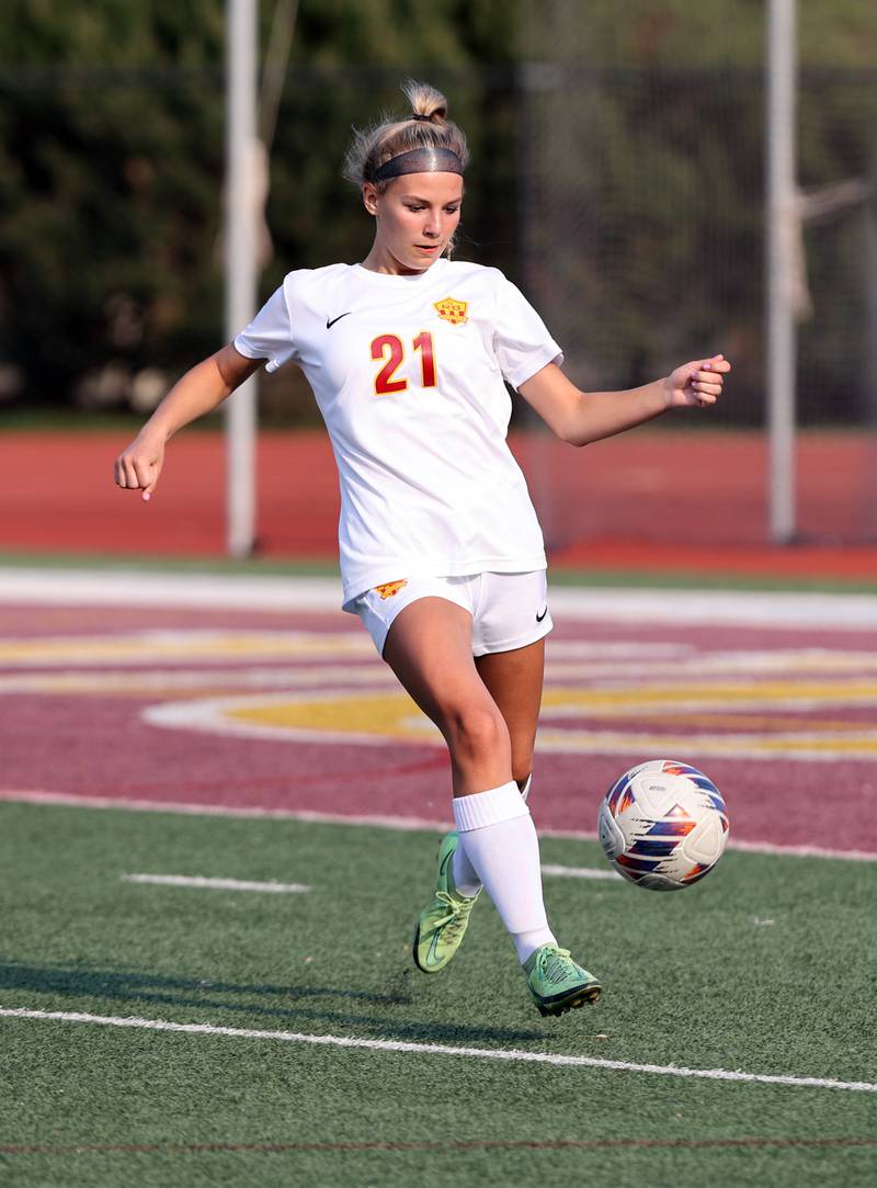 Richmond-Burton's Blake Frericks (21) handles the ball during the IHSA Class 1A girls soccer super-sectional match between Richmond-Burton and IC Catholic at Concordia University in River Forest on Tuesday, May 23, 2023.