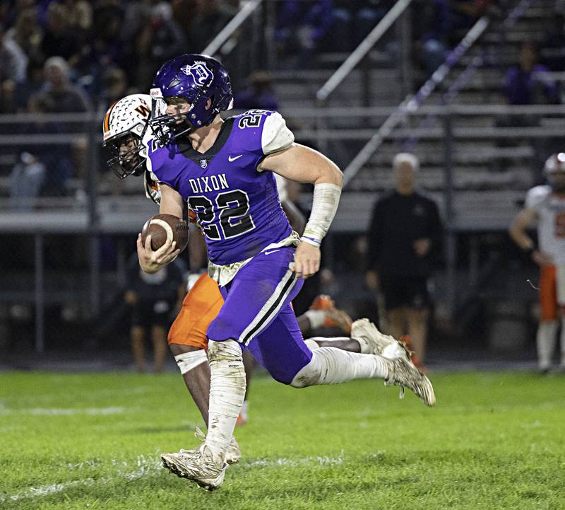 Dixon’s Aiden Wiseman finds opens field against Winnebago Friday, Sept. 29, 2023 in Dixon.