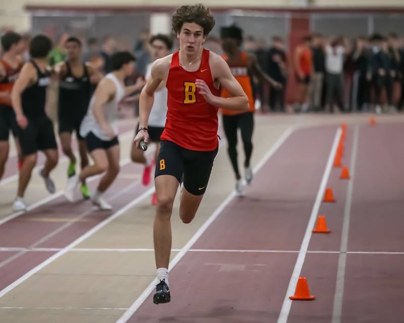 Batavia's Brett Berggren anchors the 4x200 during DuKane Boys Indoor Track and Field Conference Championships. Mar 16, 2024