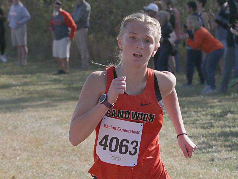 Sandwich's Erin Lissman runs in the Class 1A Regional Cross Country gils race on Saturday, Oct. 22, 2022 at the Seneca FFA Farm in Marseilles.