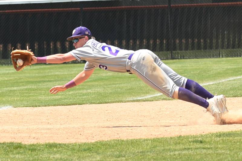 Wilmington's Cooper Holman makes a diving stop at third base during the Class 2A Beecher Sectional championship against Bishop McNamara Saturday, May 31, 2025.