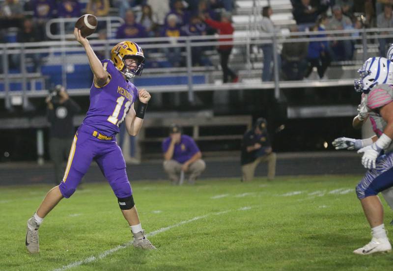 Mendota quarterback Braden Shaw throws a pass against Princeton on Friday, Oct. 10, 2025 at Bryant Field in Princeton.