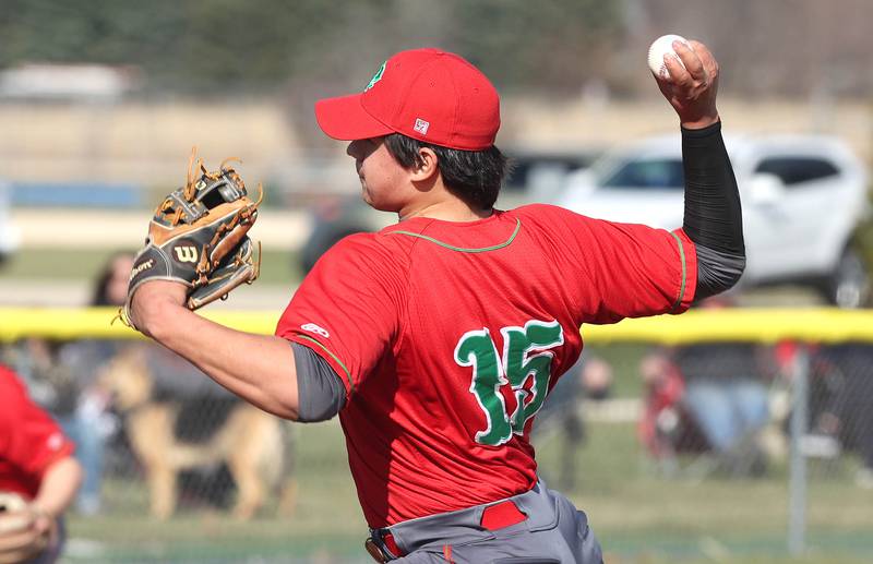 LaSalle-Peru's Julius Sanchez fires a pitch during their game against Sycamore Monday, April 11, 2022, at the Sycamore Community Sports Complex.