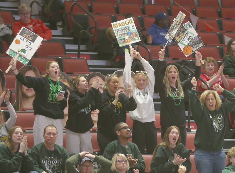 St. Edward fans cheer on the Lady Wave as they play Cissna Park during the Class 1A third place game on Friday, March 7, 2025 at CEFCU Arena in Normal.