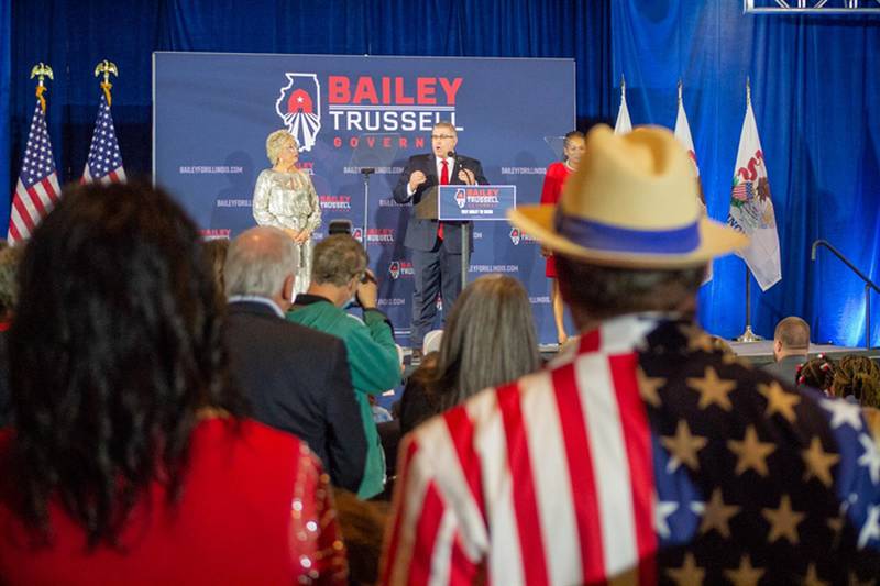 Former state Sen. and failed GOP governor candidate Darren Bailey is pictured at his election night party in 2022. He is running for Congress in Illinois’ 12th District against incumbent Mike Bost.