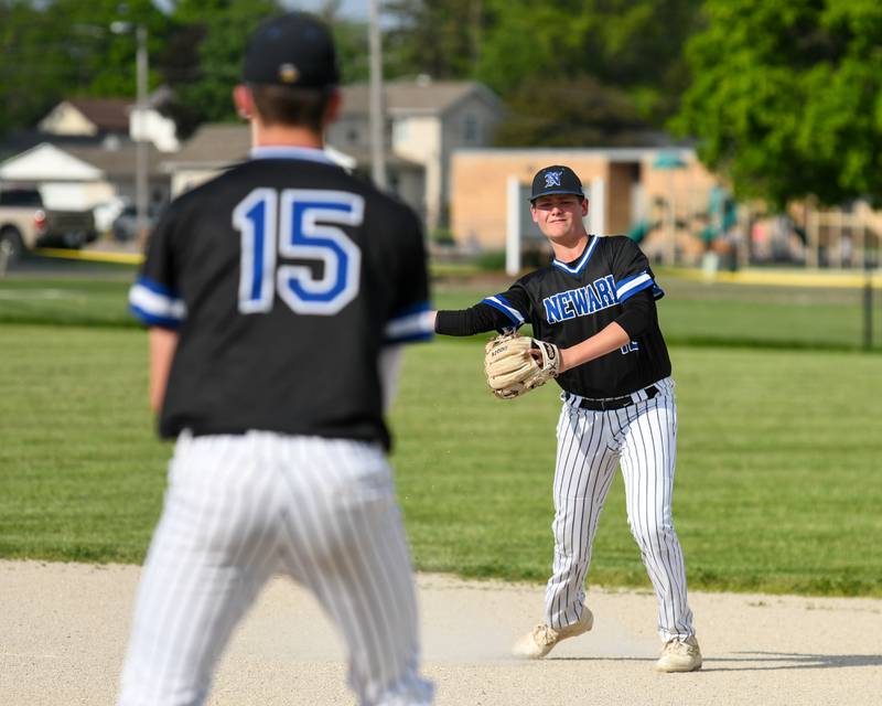Newark's Jimmy Kath, right, throws the ball to teammate Payton Wills (15) for an out at first base during the game on Tuesday May 13, 2025, held at Somonauk High School.