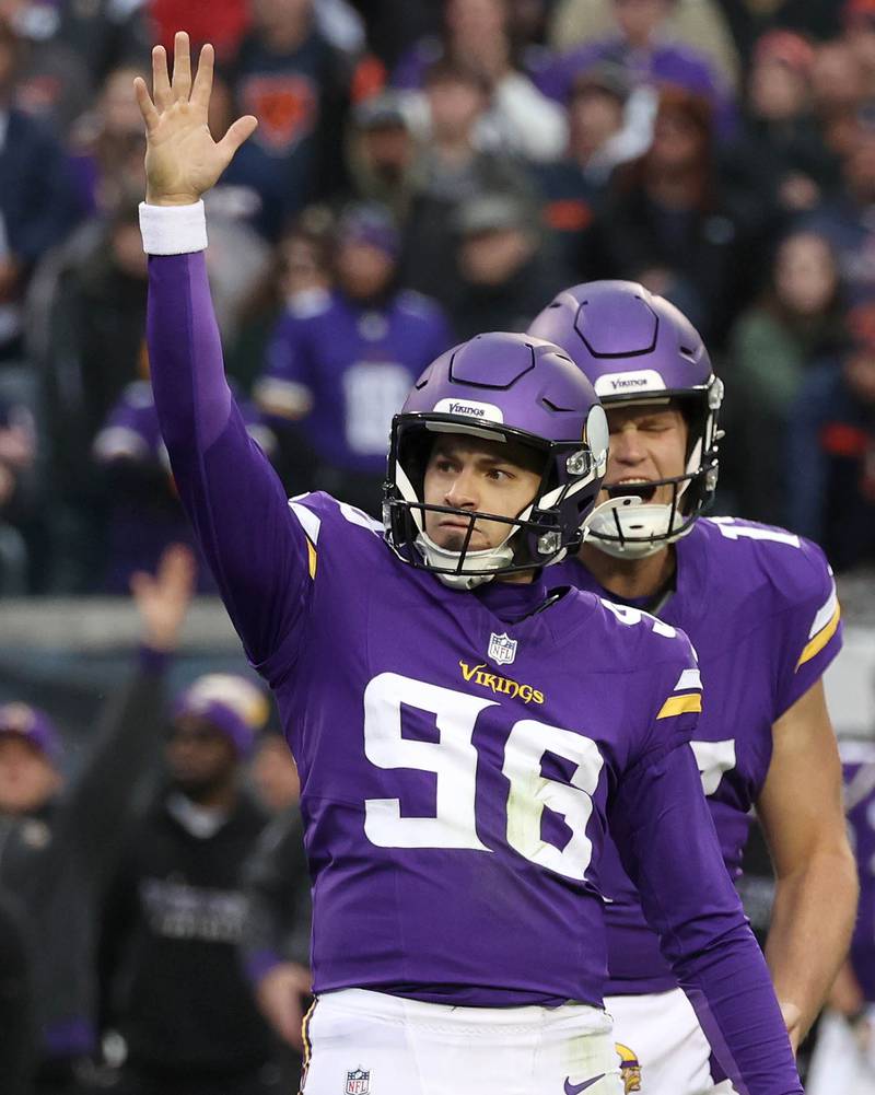 Minnesota Vikings place kicker Parker Romo celebrates after kicking the game winning field goal in overtime beating the Chicago Bears 30-27 Sunday, Nov. 24, 2024, at Soldier Field in Chicago.
