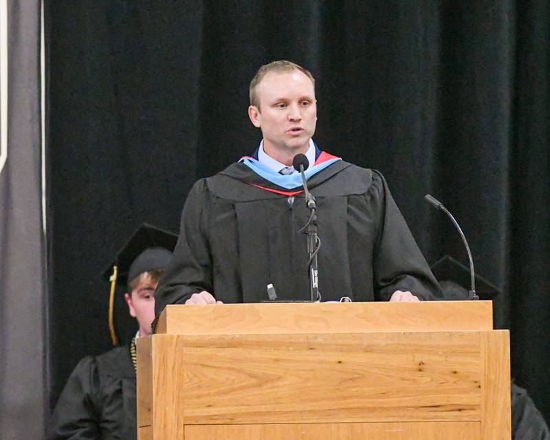 Sycamore High School Principal Brian Swanson gives opening remarks on Sunday, May 25, 2025, during the Class of 2025 Commencement ceremony at the high school.