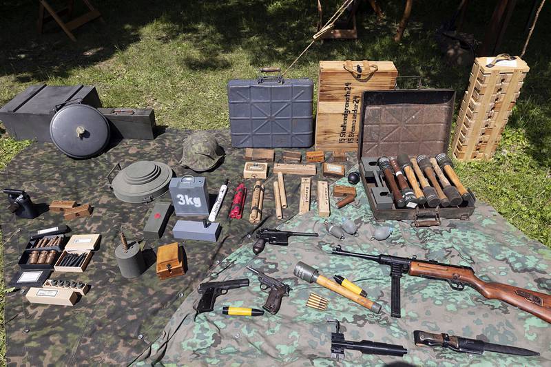 Gear, some real some replica, is put on display by reenactors at camp Saturday, May 16, 2026, in Franklin Grove.