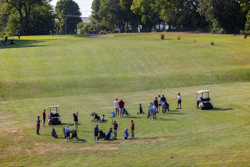 Young golfers line up to tee off Wednesday, Sept. 10, 2025, at Timber Creek Golf Club in Dixon.