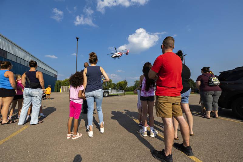 The OSF Life Flight helicopter takes off Tuesday, August 5, 2025, after making a stop at Dixon Police’s National Night Out event.