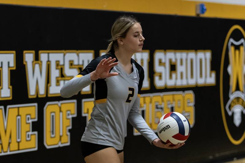Joliet West's Lexie Grevengoed serves during a 4A Sectional Finals varsity volleyball game against Lockport at Joliet West on Nov. 6, 2025.
