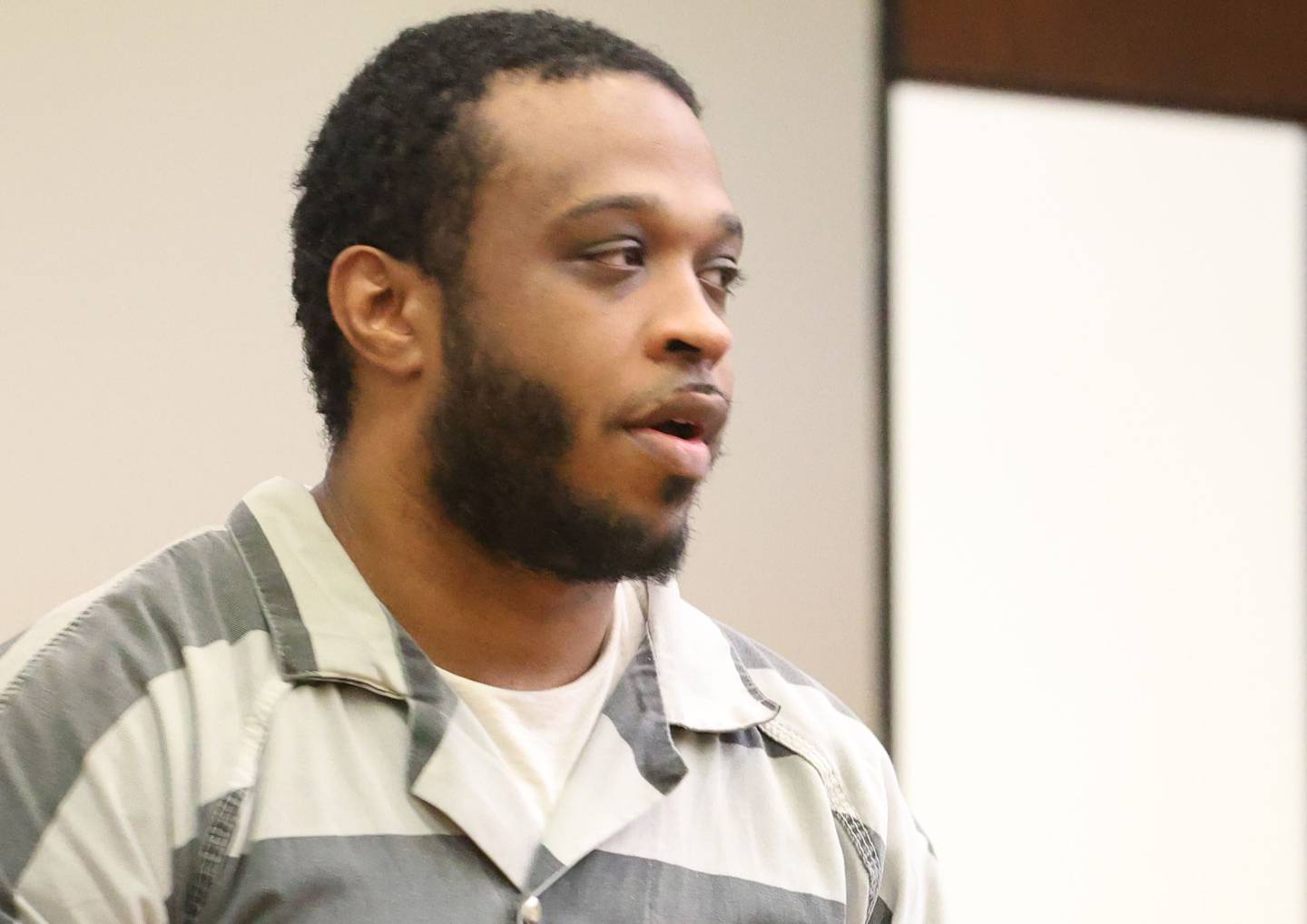 Tyler Skerett, 31, of Streator, enters the courrtroom for his sentencing on Friday, Dec. 5, 2025 at the La Salle County Government Complex in Ottawa. Skerett was found guilty of first-degree murder for the Easter Sunday shooting on April 20 in Streator’s business district.