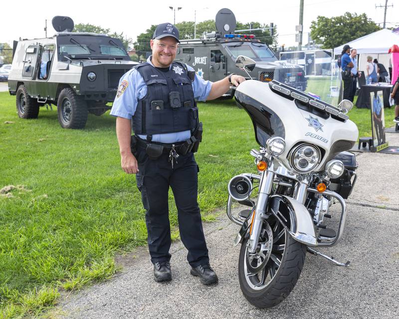 Motorcycle officer Brian Smith at the Joliet Police Department's National Night Out event Tuesday, Aug 5, 2025  in Joliet.
