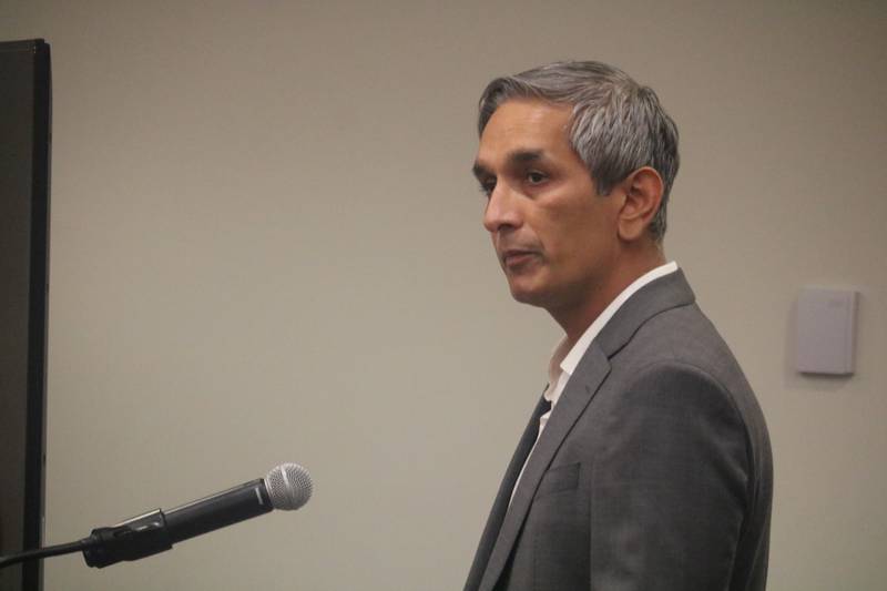 Petitioner, Pramit Patel of EO5 Hotels, delivers a presentation at the May 1 meeting of the DeKalb Planning & Zoning Commission.