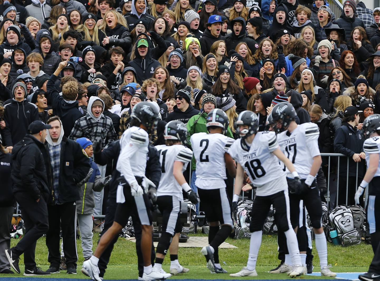 Fenwick's fans celebrate after a touchdown by Kaden Cobb (2) during the IHSA Class 5A  varsity football quarterfinal playoff game between Fenwick High School and Nazareth Academy on Saturday, November 13, 2021 in La Grange Park.