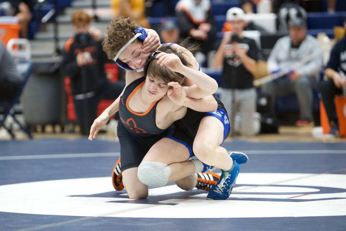 St. Charles East's Dom Munaretto and Geneva's Joey Sikorsky compete in the 106 lb. Finals at the DuKane Wrestling Conference meet at Lake Park High School on Saturday, Jan.21,2023 in Roselle.