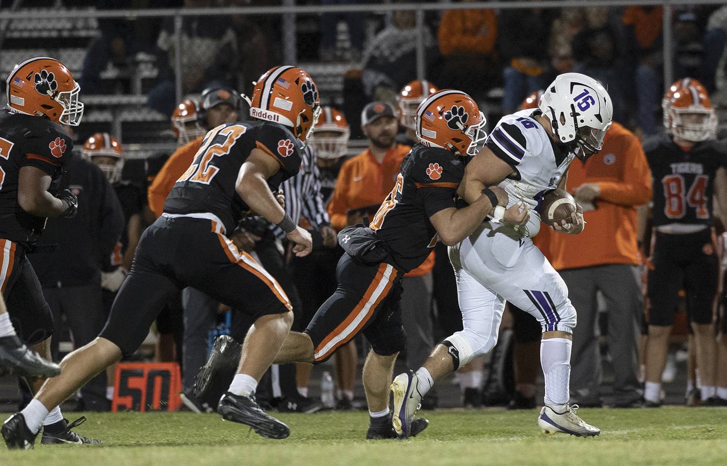 Dixon’s Brady Lawrence picks up yards against Byron Friday, Sept. 5, 2025, at Byron High School.
