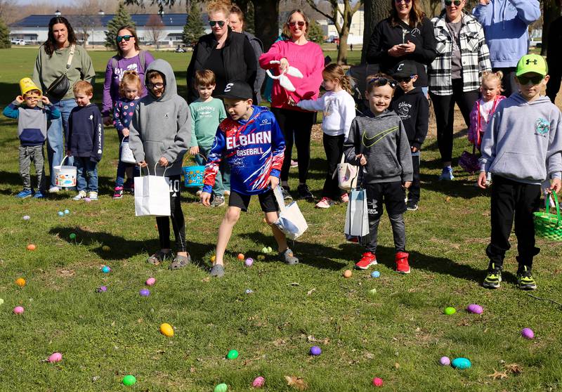 Kids in the 4-7 year old division start hunting for eggs at the Elburn Lions Easter Egg Hunt on Saturday, April 12, 2025 in Elburn.