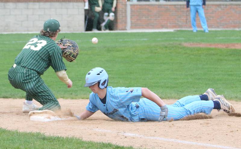 Marquete's Alec Novotney dives back into the bag as St. Bede's Luke Tunnell makes a catch at Masinelli Field on Thursday, April 18, 2024 in Ottawa.