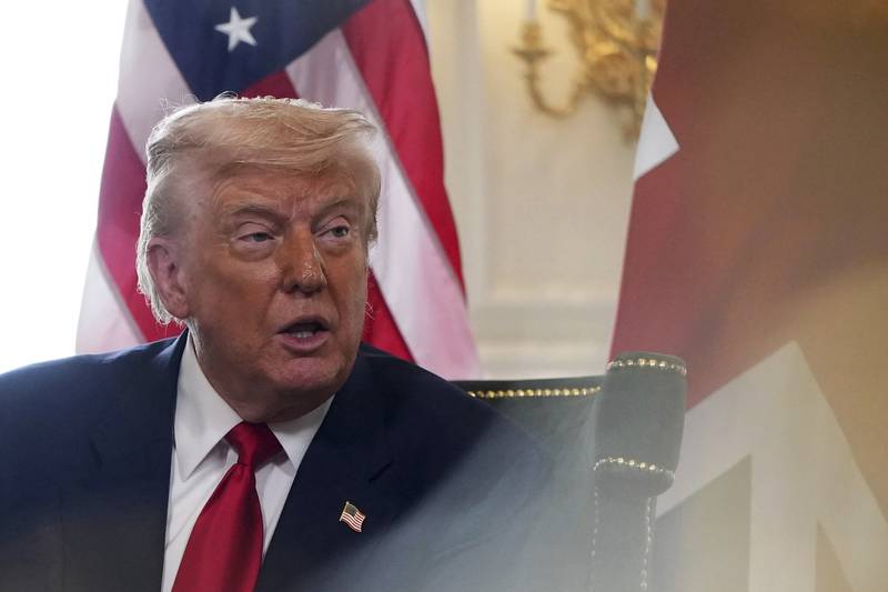 President Donald Trump meets with Britain's Prime Minister Keir Starmer at Trump Turnberry golf club on Monday, July 28, 2025 in Turnberry, Scotland. (Christopher Furlong/Pool Photo via AP)